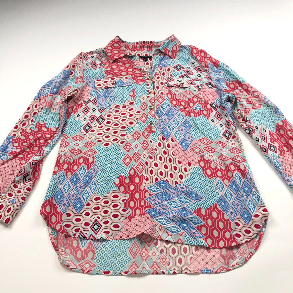 Talbots PM Petite Popover Henley Abstract Rayon Women's Button Long Sleeve Shirt